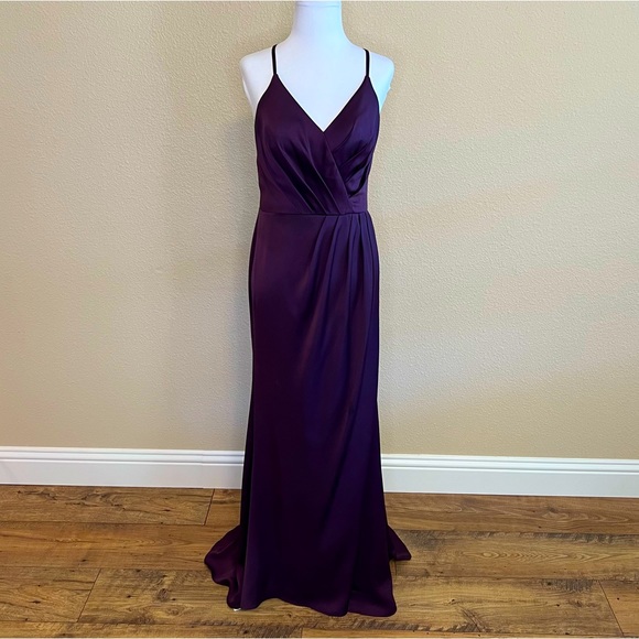 David's Bridal Dresses & Skirts - David's Bridal {Plum} Spaghetti Strap Crepe-Back Satin Bridesmaid Dress | Sz 4